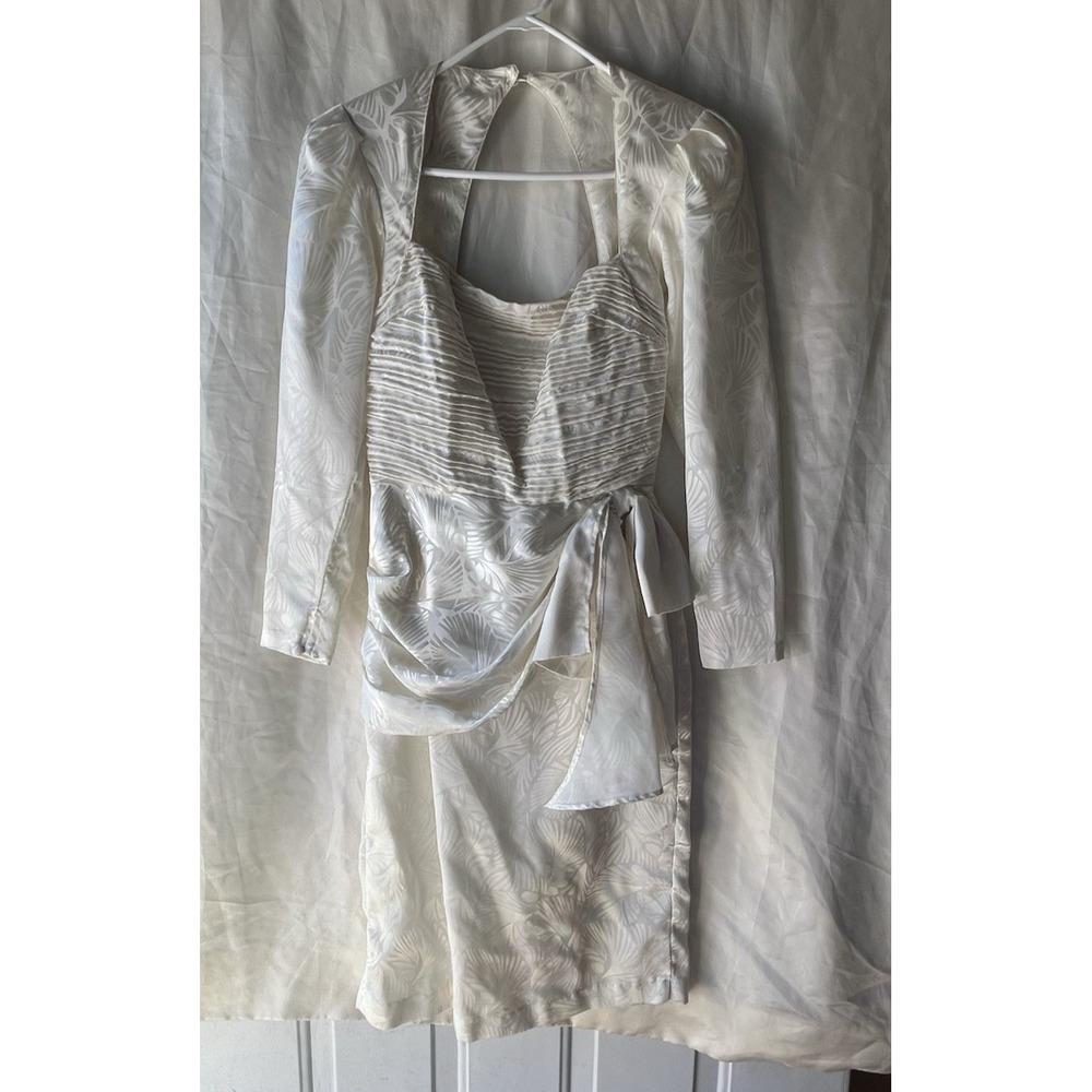 Vintage 80s Ivory Bow Keyhole Back Dress Puff Shoulder Pencil Dress